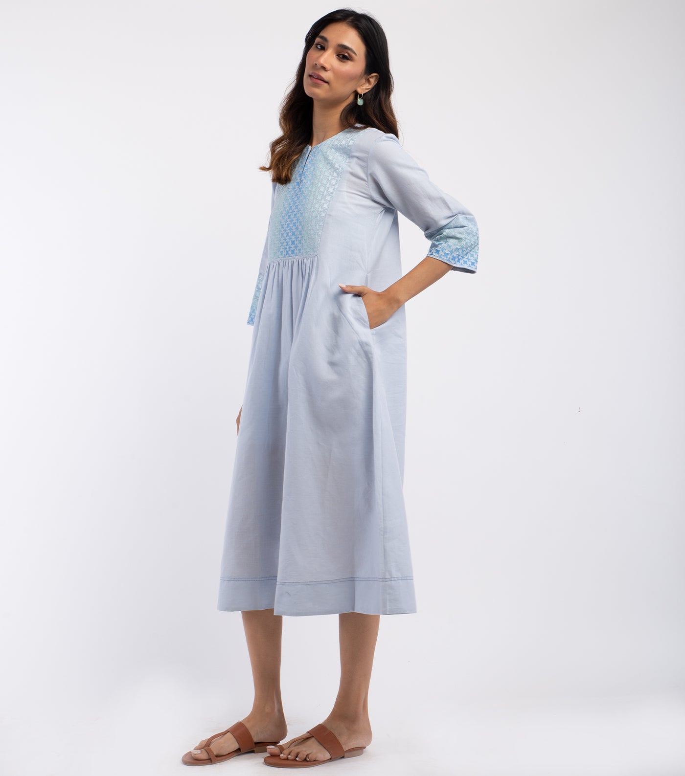 Blue embroidered Cotton linen Dress