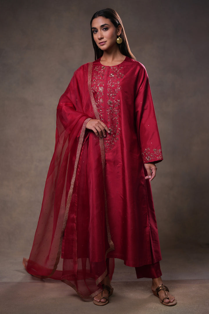 Red Hand Embroidered Silk Kurta with Pants and Dupatta