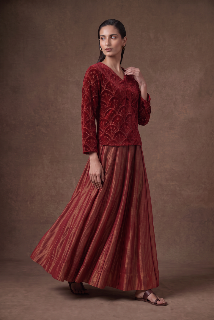 Red & Gold Hand-Embroidered Velvet Blouse and Lehenga Set