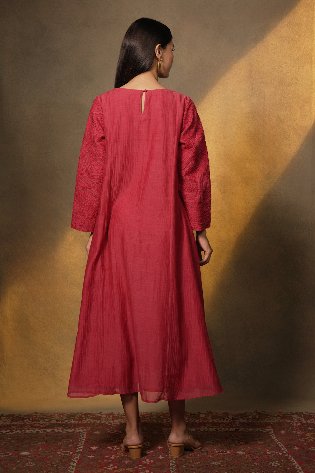 Magenta Textured Embroidered Chanderi Dress