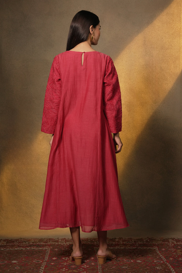 Magenta Textured Embroidered Chanderi Dress