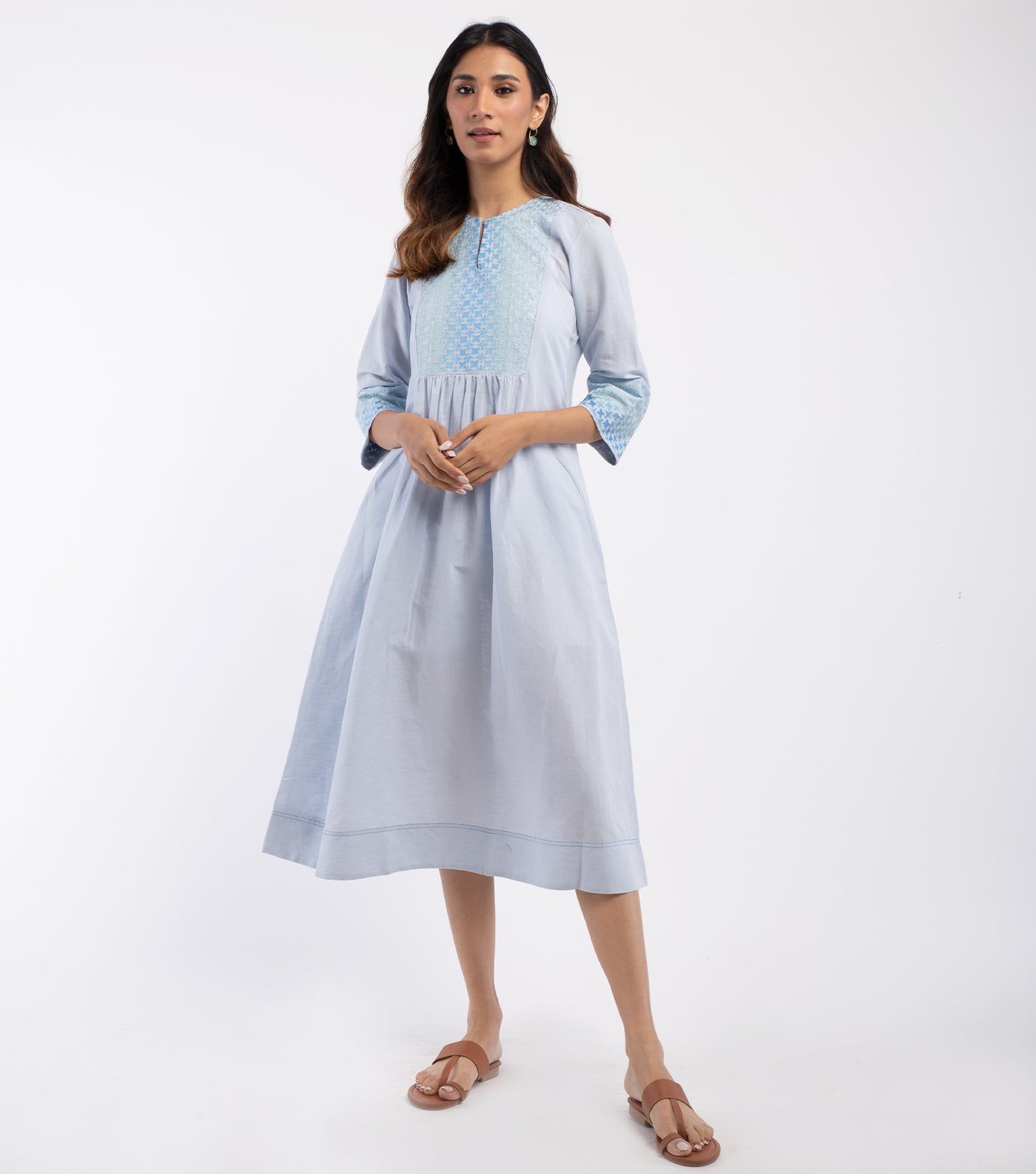 Blue embroidered Cotton linen Dress