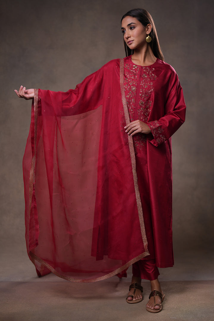 Rust Embroidered Organza Dupatta