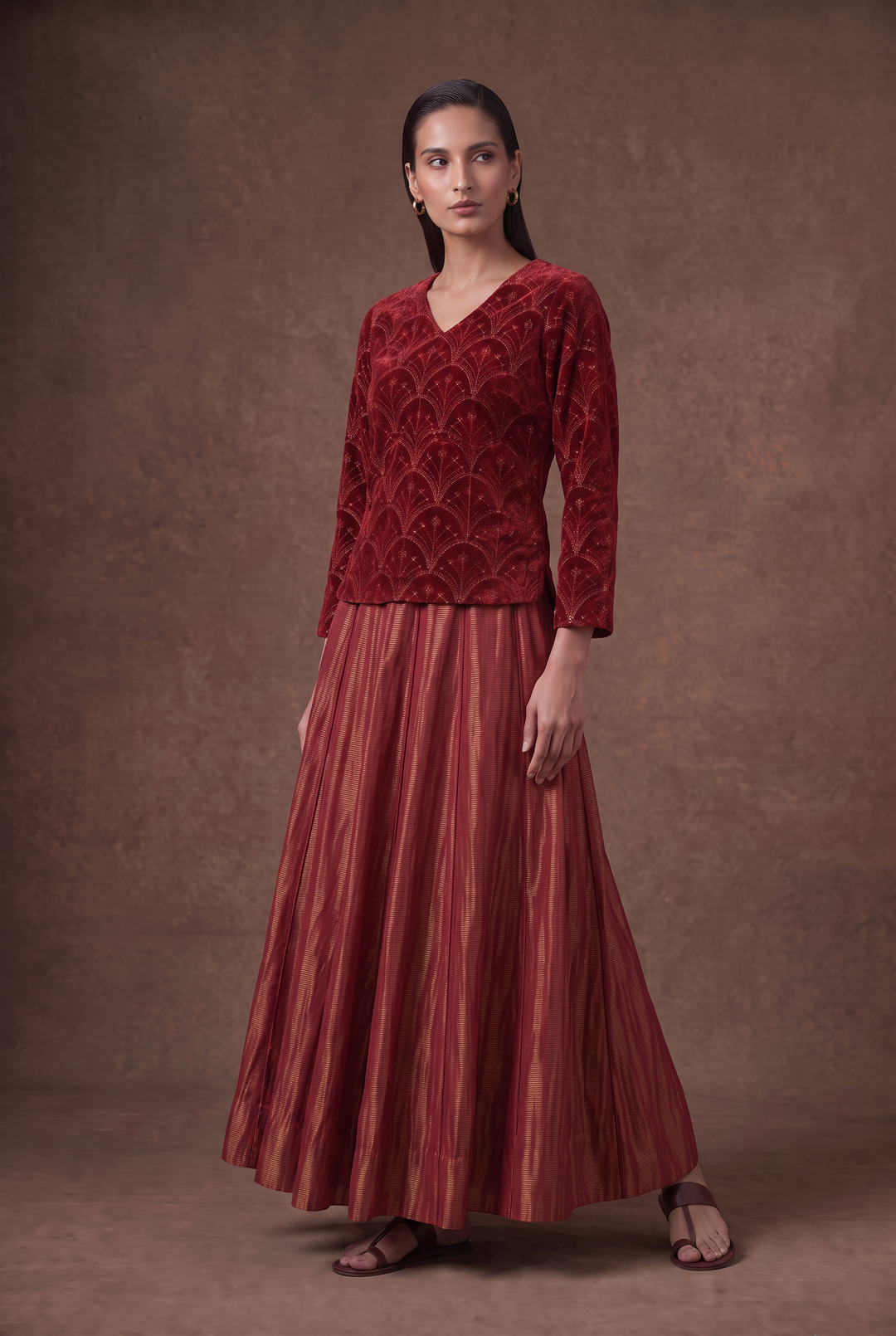 Red & Gold Hand-Embroidered Velvet Blouse and Lehenga Set