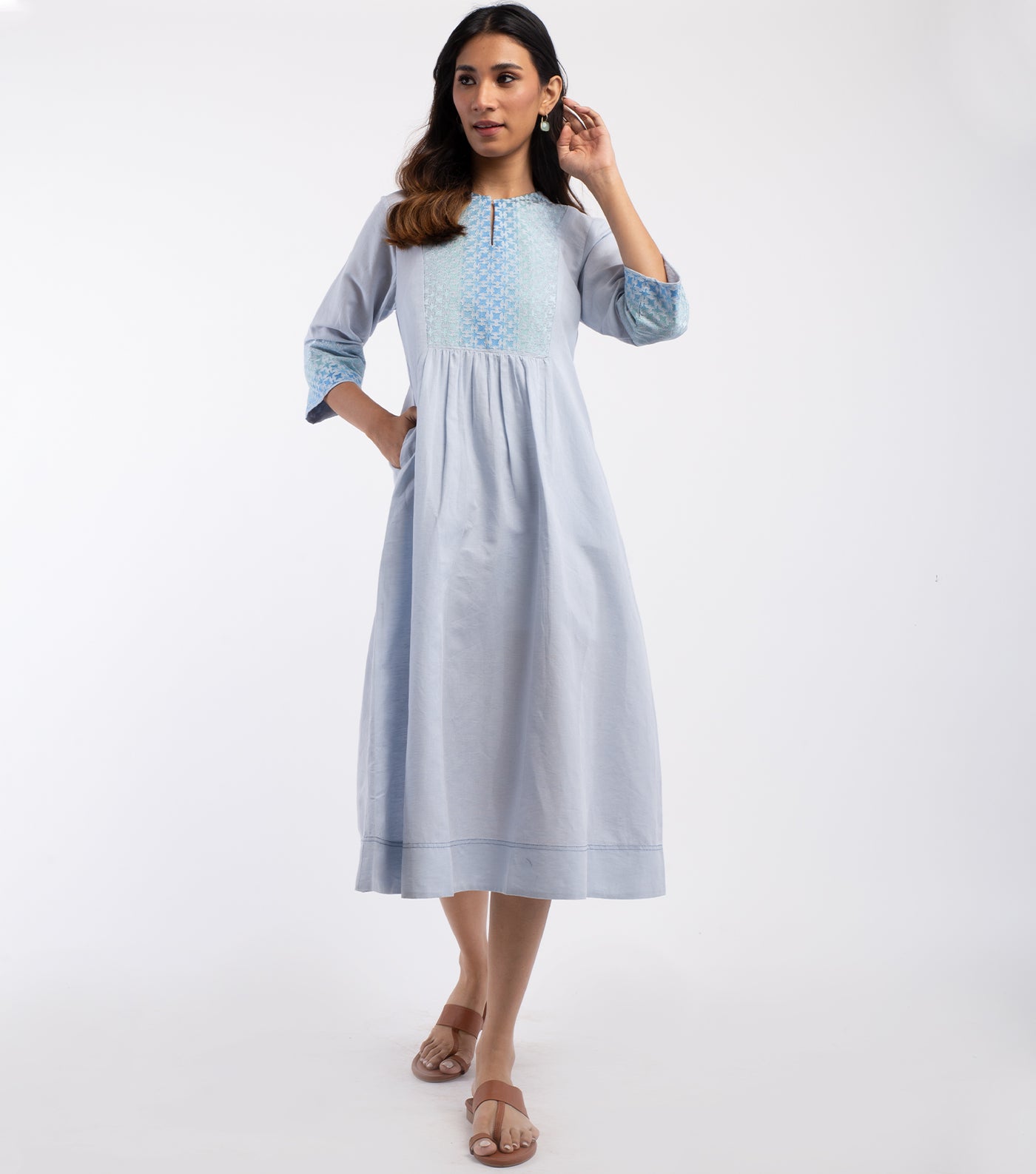 Blue embroidered Cotton linen Dress