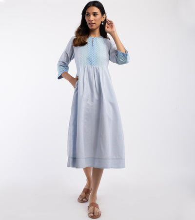 Blue embroidered Cotton linen Dress