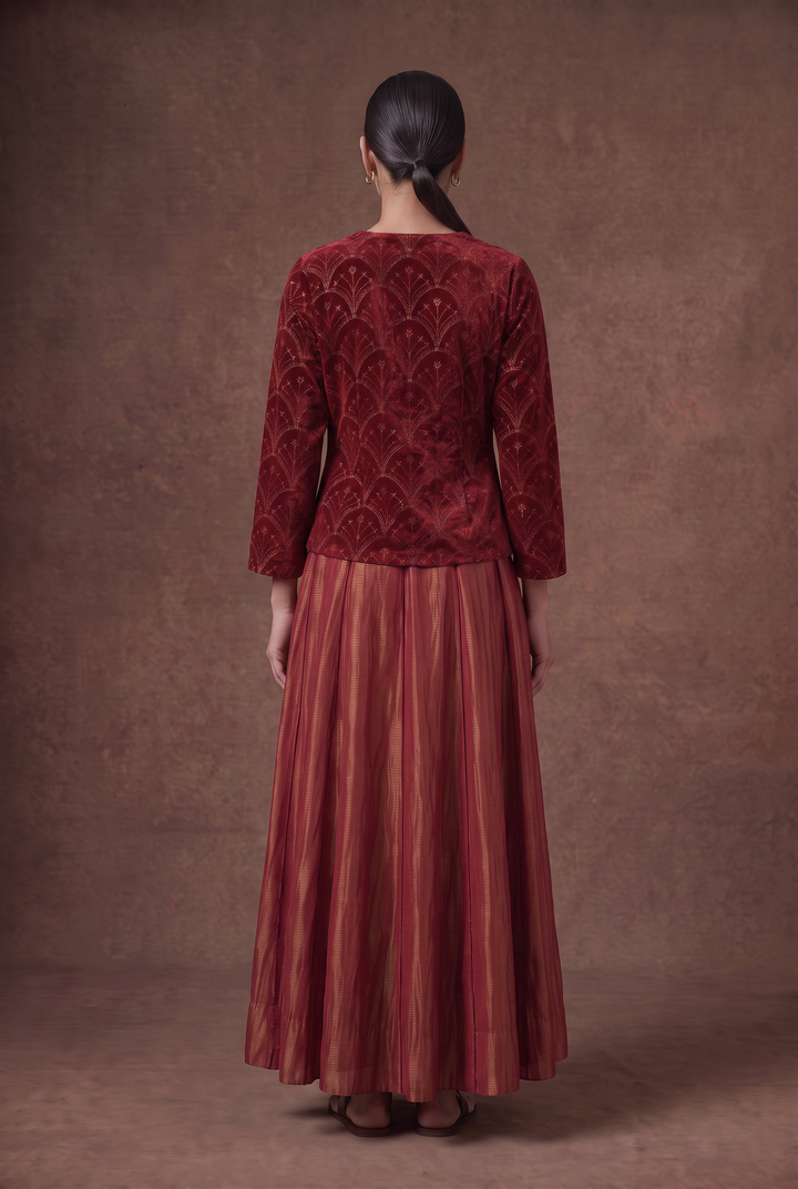 Red & Gold Hand-Embroidered Velvet Blouse and Lehenga Set