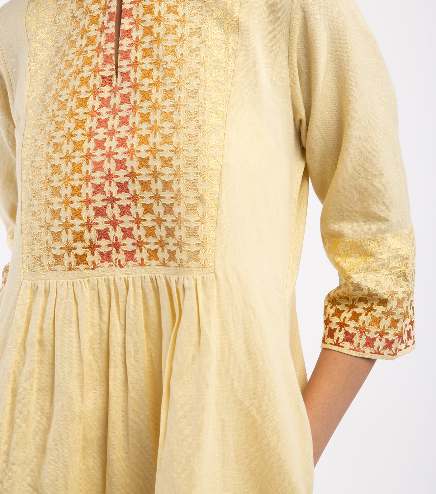 Yellow embroidered Cotton linen Dress