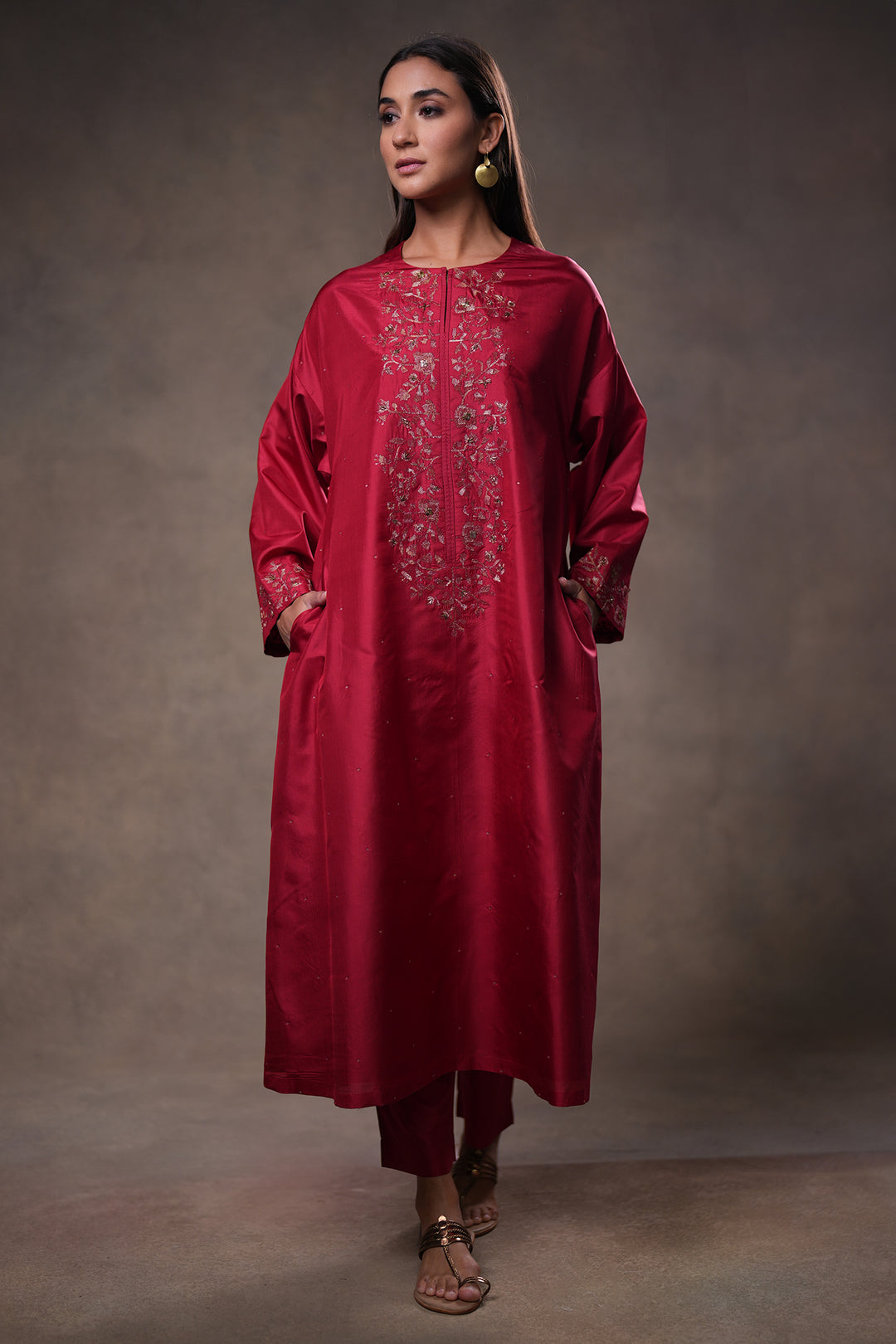 Red Hand Embroidered Silk Kurta with Pants and Dupatta