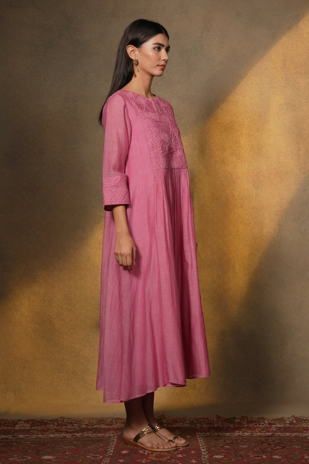 Pink Textured Embroidered Chanderi Dress