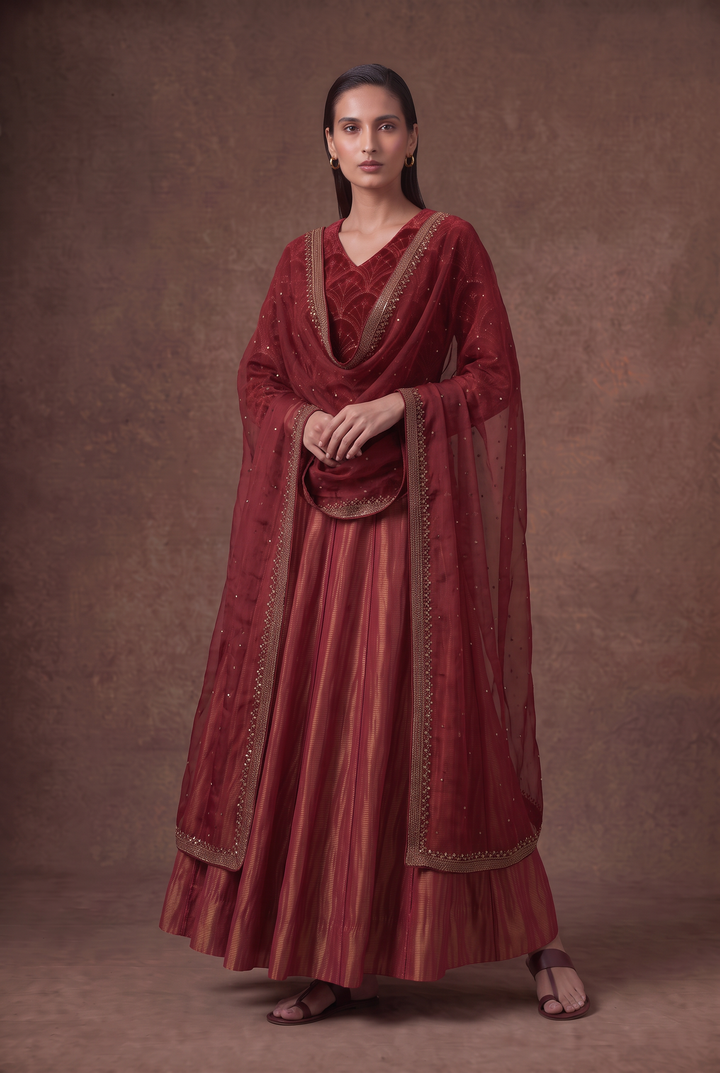 Red & Gold Hand-Embroidered Velvet Blouse and Lehenga Set