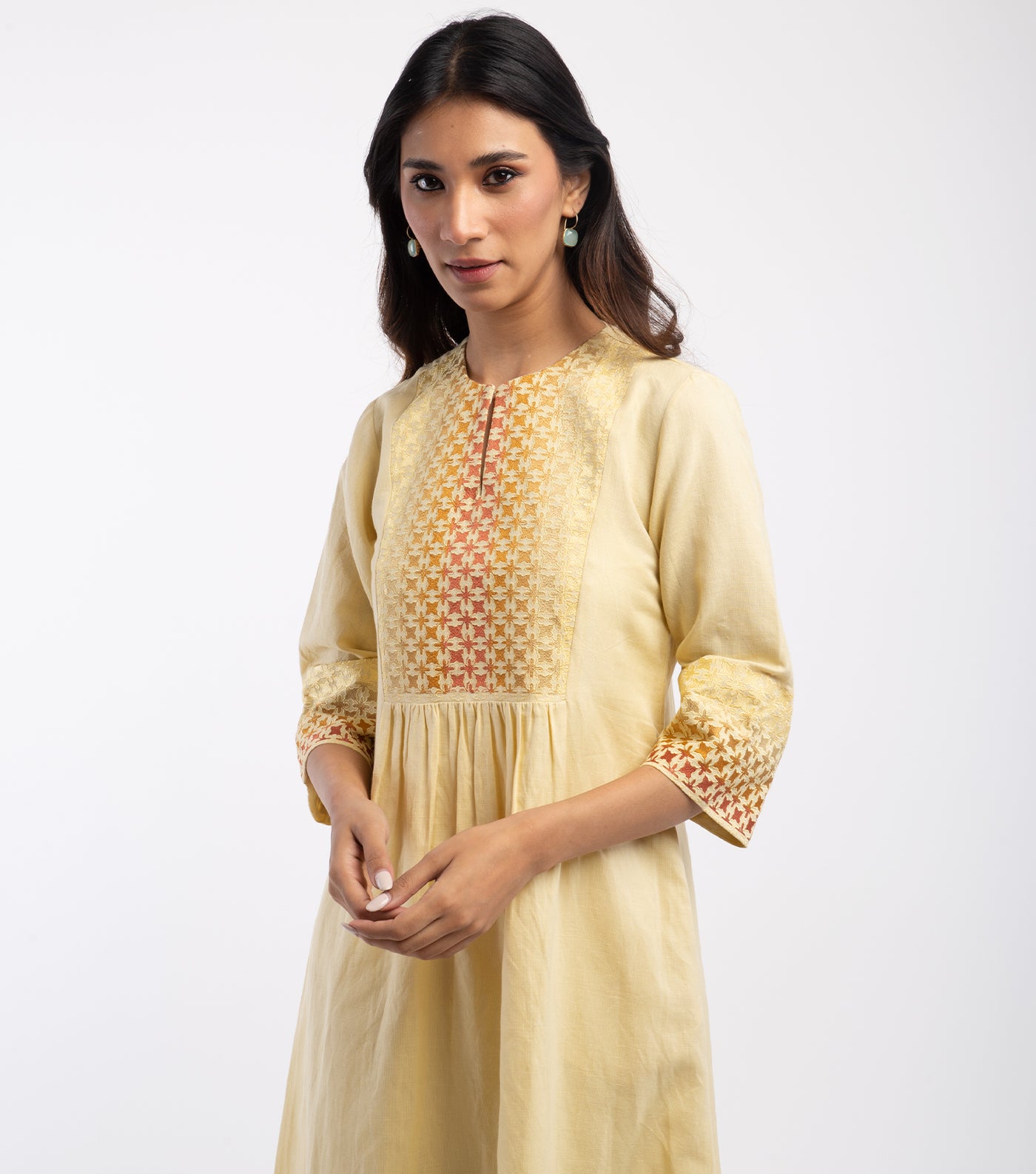 Yellow embroidered Cotton linen Dress