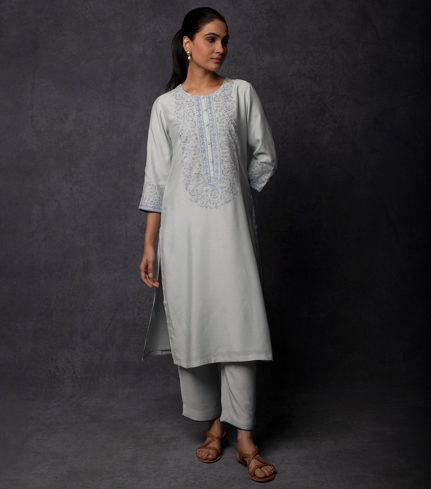 Powder Blue Thread Embroidered Muslin Suit Set