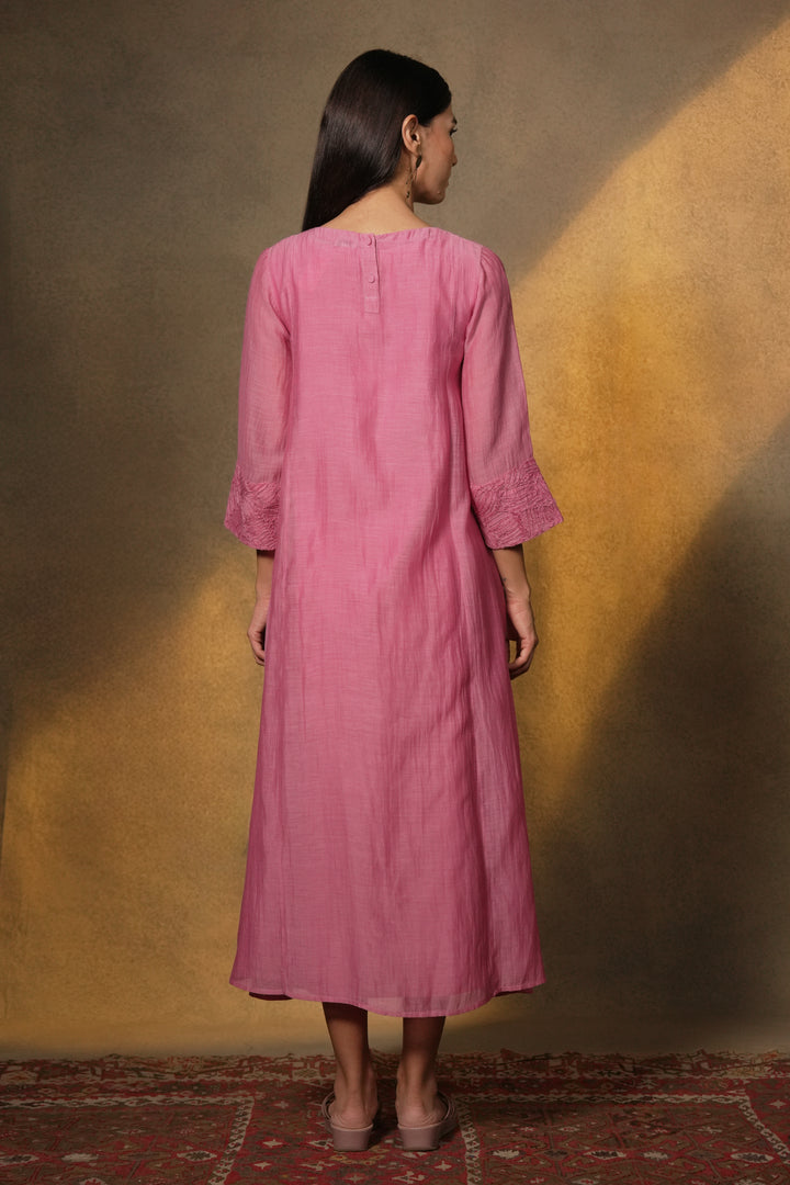 Pink Textured Embroidered Chanderi Dress
