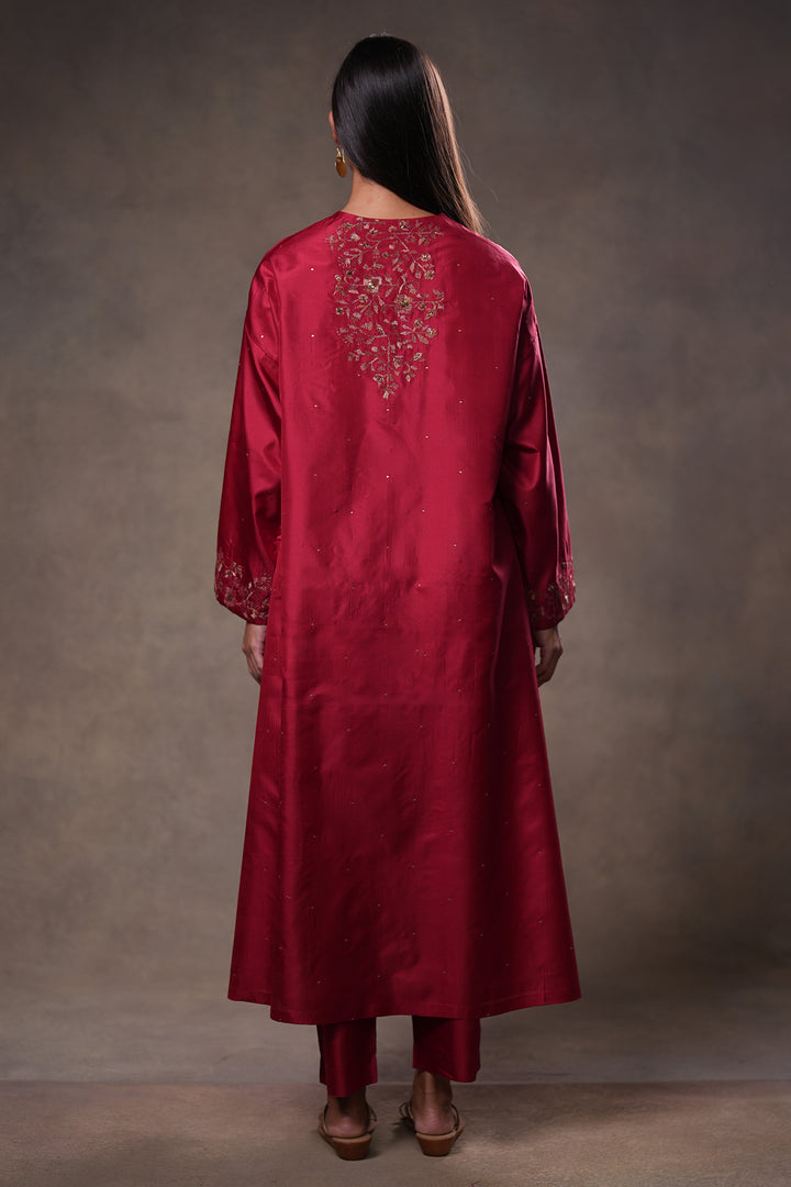 Red Hand Embroidered Silk Kurta with Pants and Dupatta