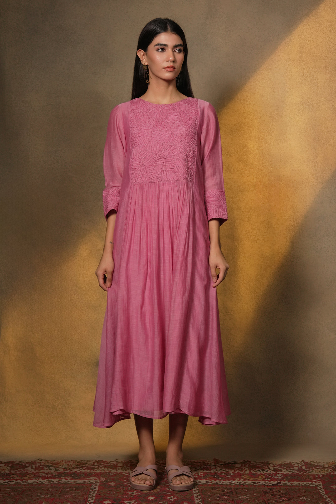Pink Textured Embroidered Chanderi Dress