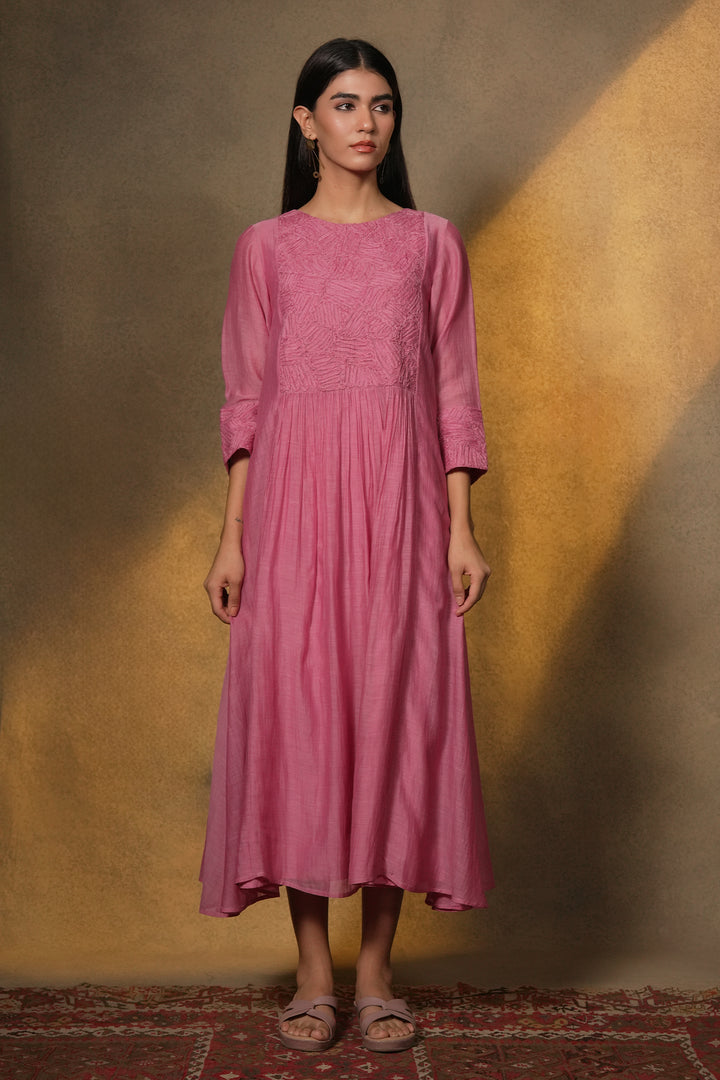 Pink Textured Embroidered Chanderi Dress