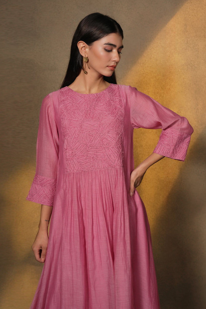 Pink Textured Embroidered Chanderi Dress