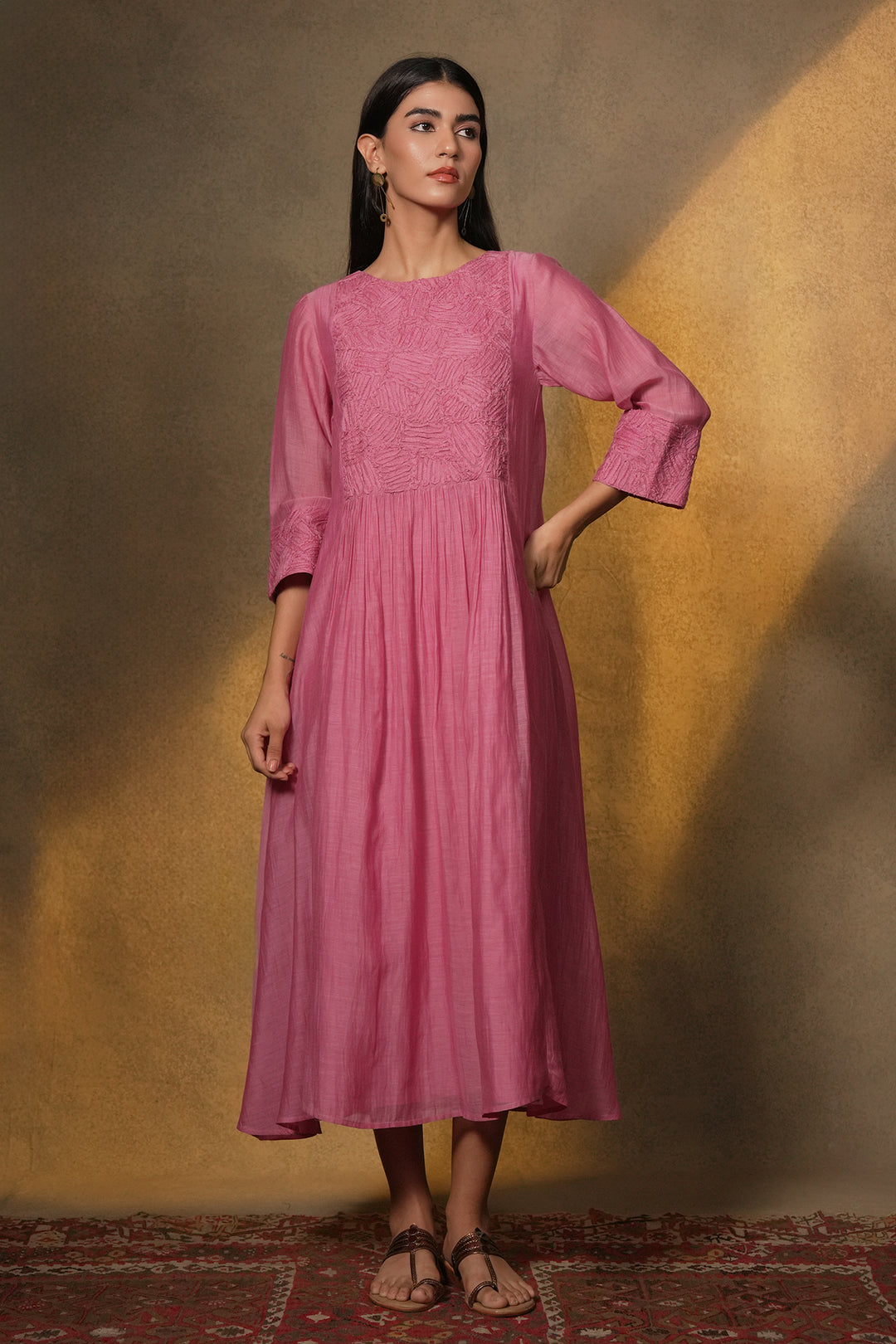 Pink Textured Embroidered Chanderi Dress