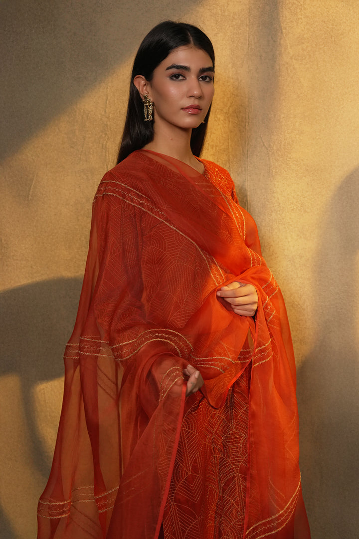 Orange Hand Embroidered Organza Dupatta