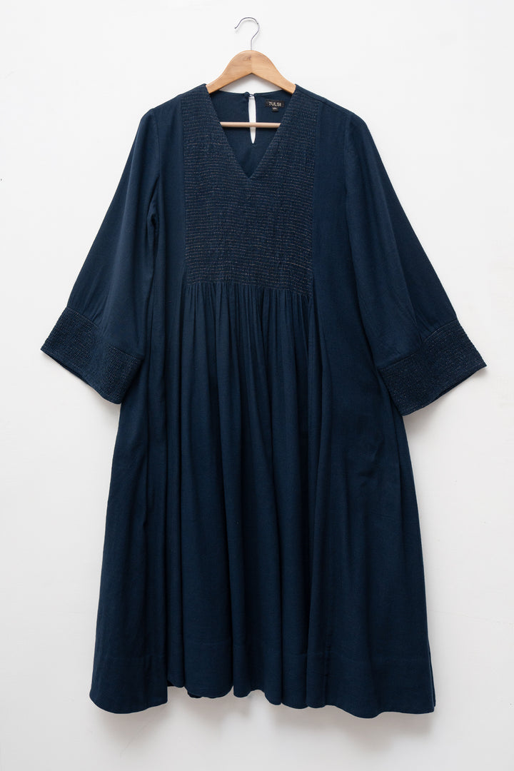 Navy Embroidered Wool Dress