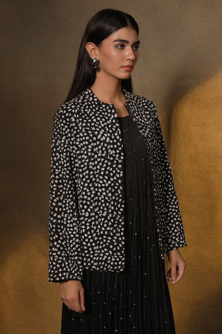 Black Dress with Patch Embroidered Cotton Silk Jacket