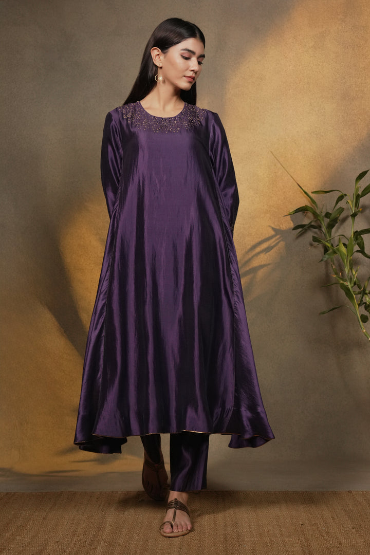 Purple Embroidered Silk Kurta with Pants and Organza Dupatta