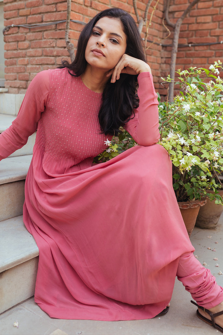 Blush pink anarkali georgette kurta & cotton chridaar set