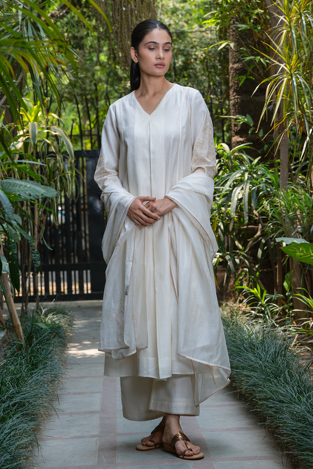 Natural Embroidered Chanderi Kurta
