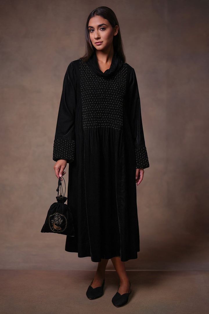 Black Hand Embroidered Velvet Dress