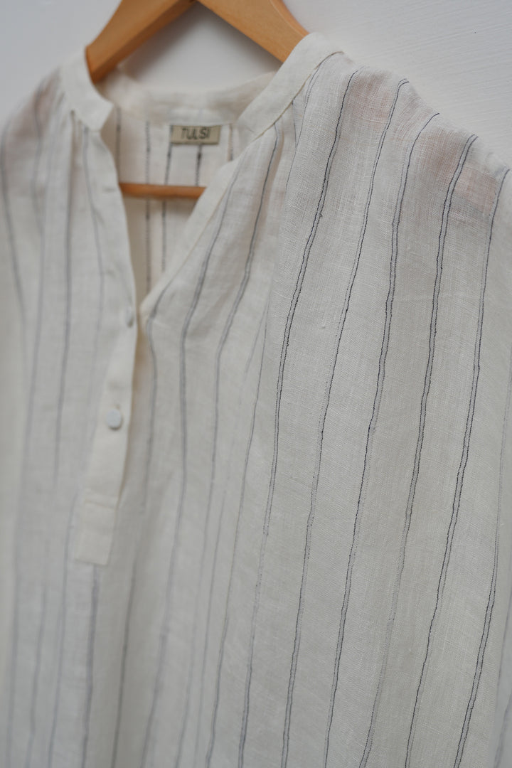 White Embroidered Stripe Pure Linen Shirt