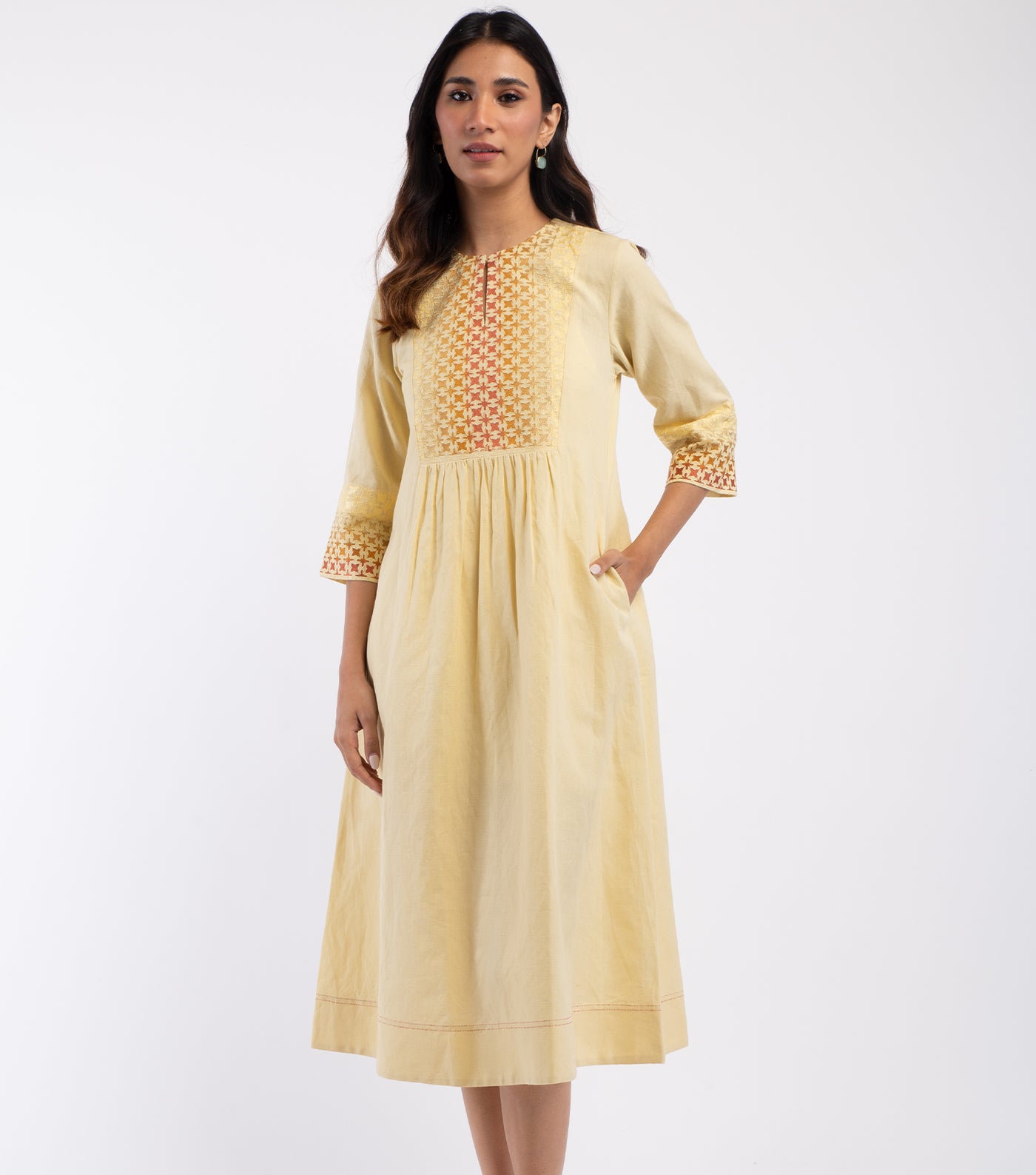 Yellow embroidered Cotton linen Dress