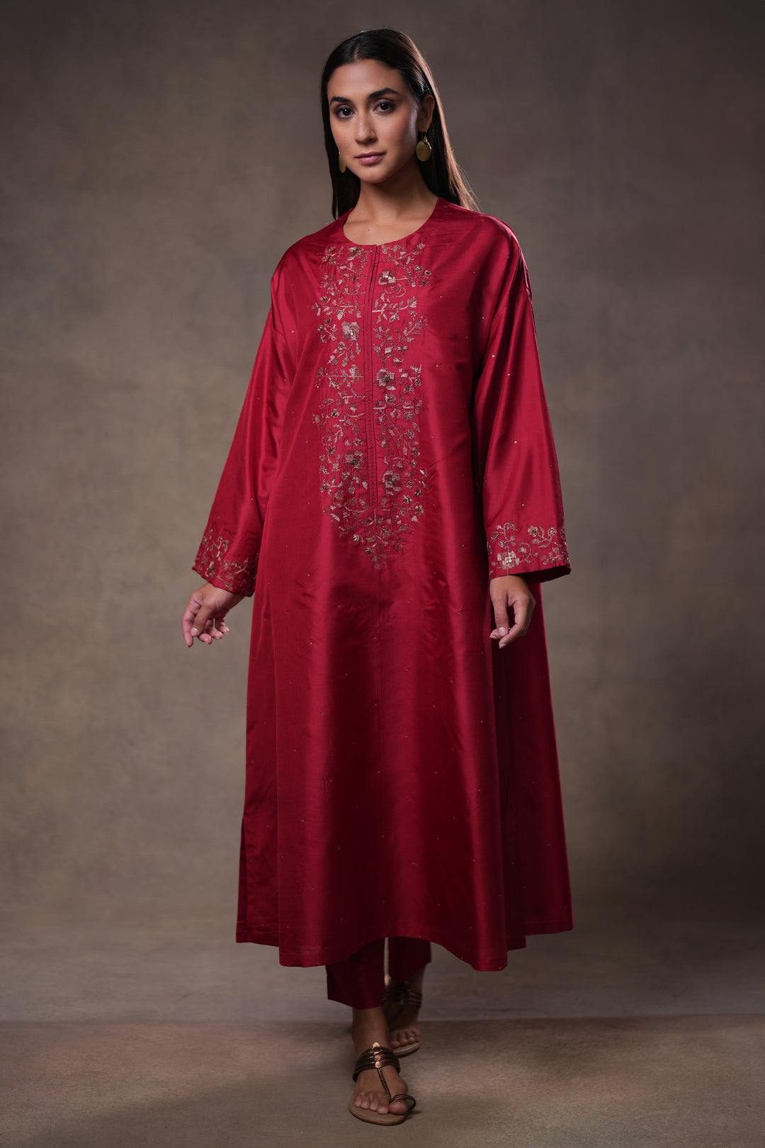 Red Hand Embroidered Silk Kurta with Pants and Dupatta