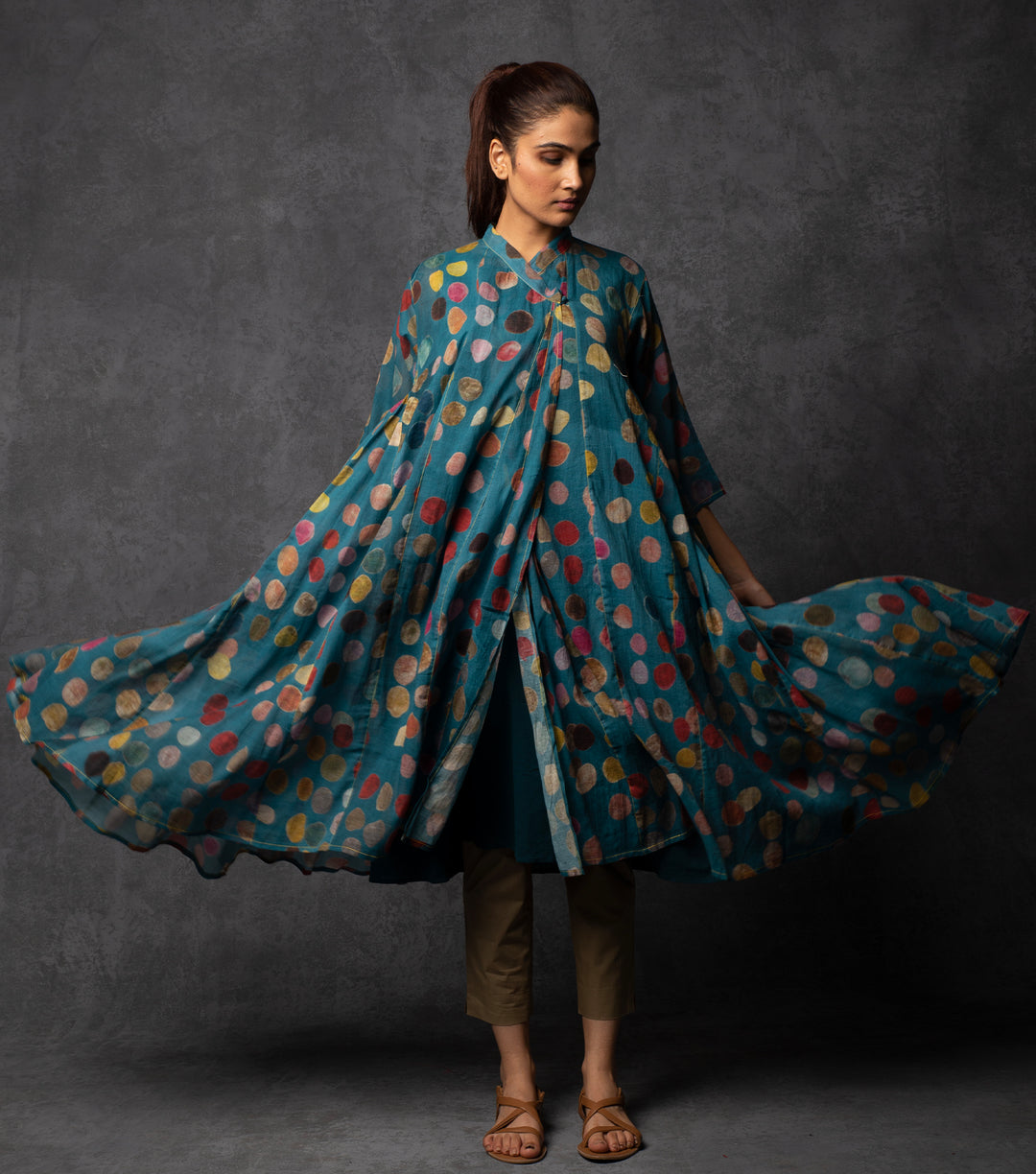 Teal Blue Polka Printed Cotton Choga