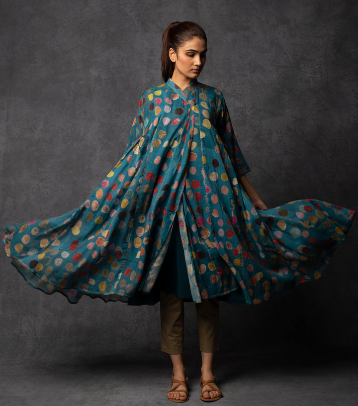 Teal Blue Polka Printed Cotton Choga