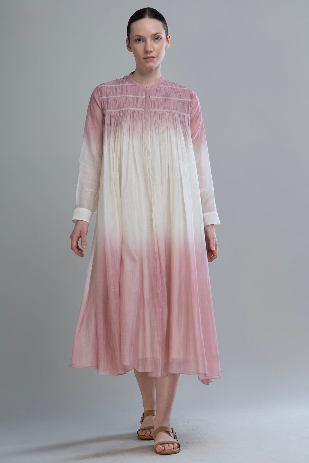 Pink & Ivory Ombre Thread Embroidered Cotton Silk Long Dress