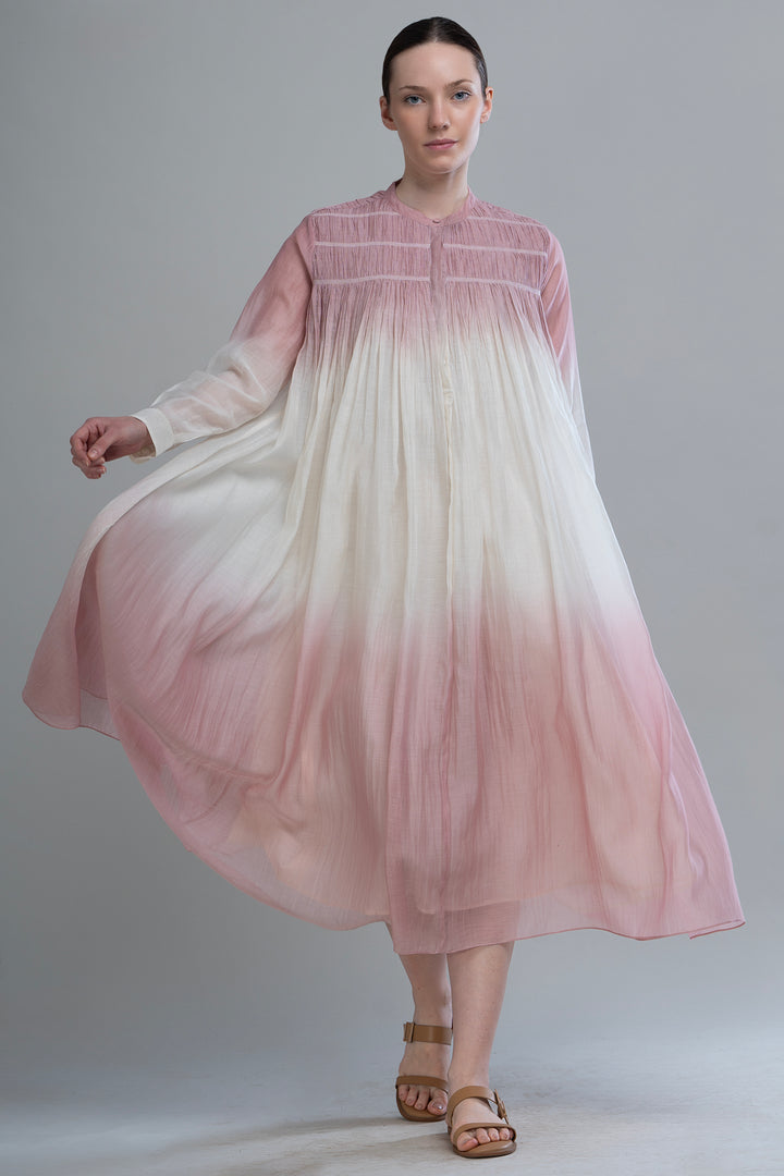 Pink & Ivory Ombre Thread Embroidered Cotton Silk Long Dress