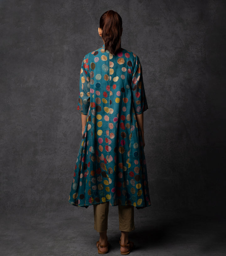 Teal Blue Polka Printed Cotton Choga