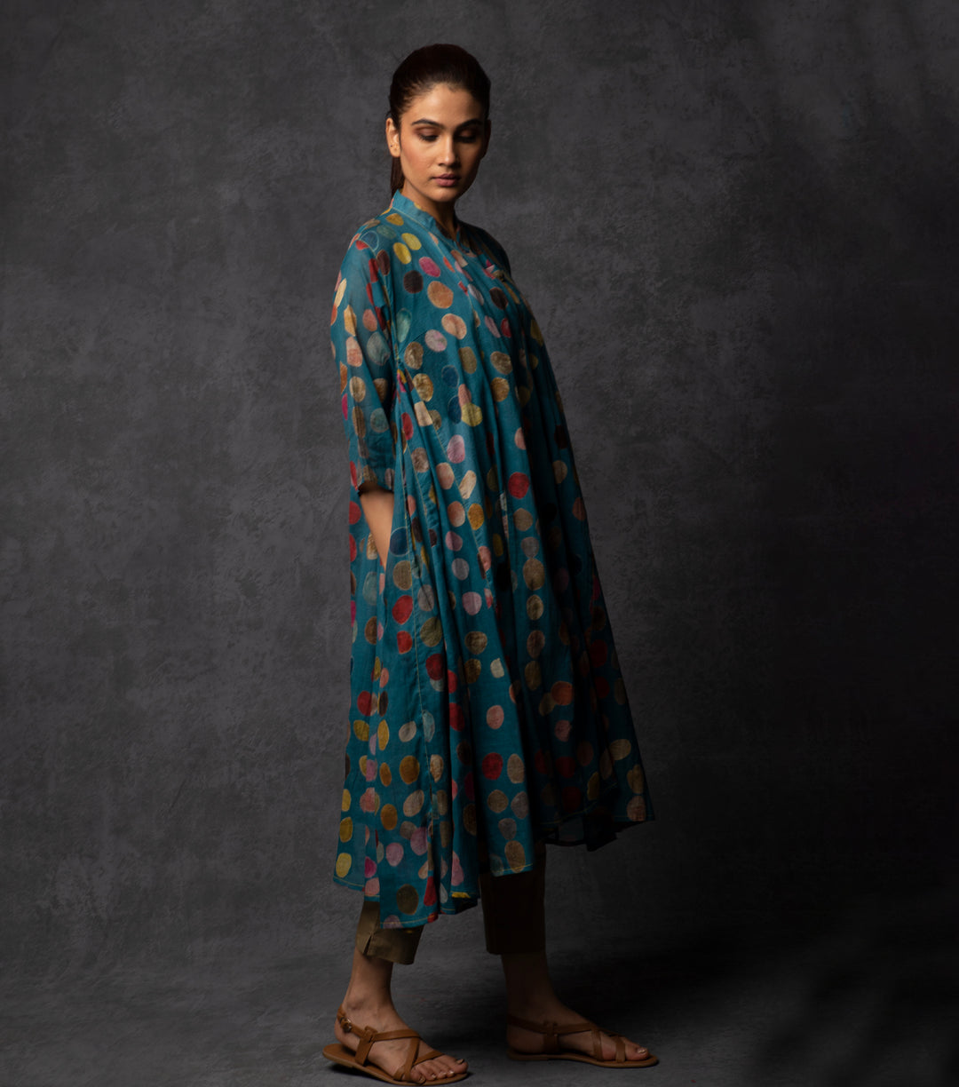 Teal Blue Polka Printed Cotton Choga