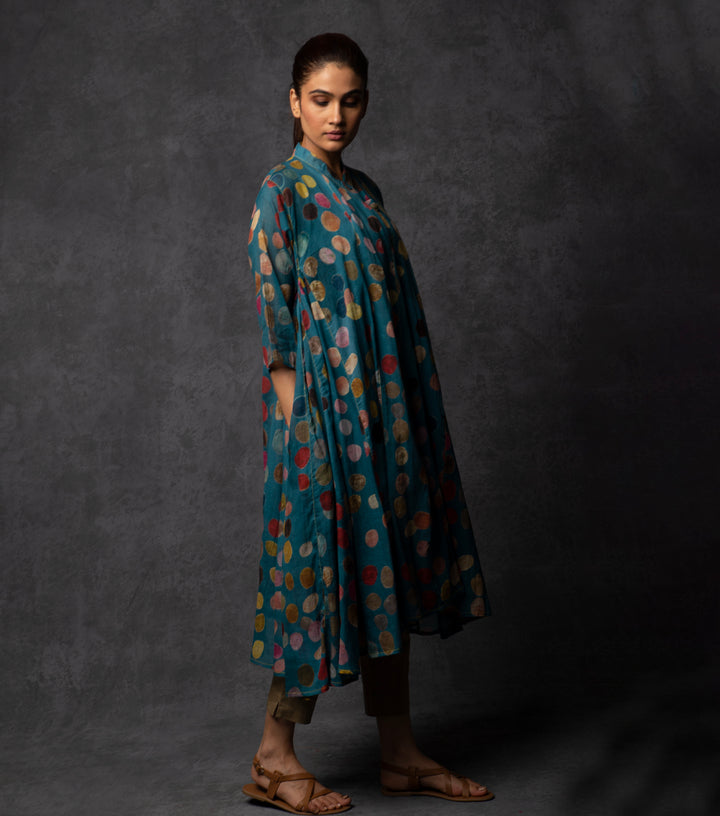 Teal Blue Polka Printed Cotton Choga