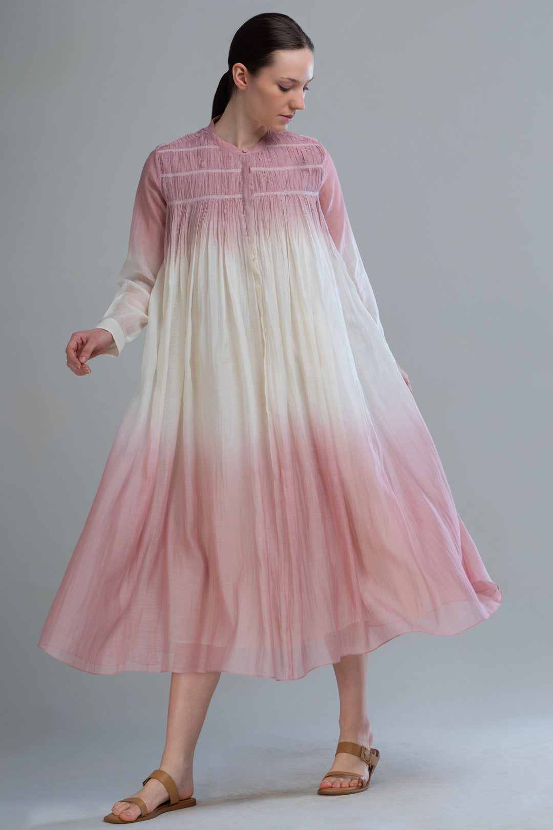 Pink & Ivory Ombre Thread Embroidered Cotton Silk Long Dress