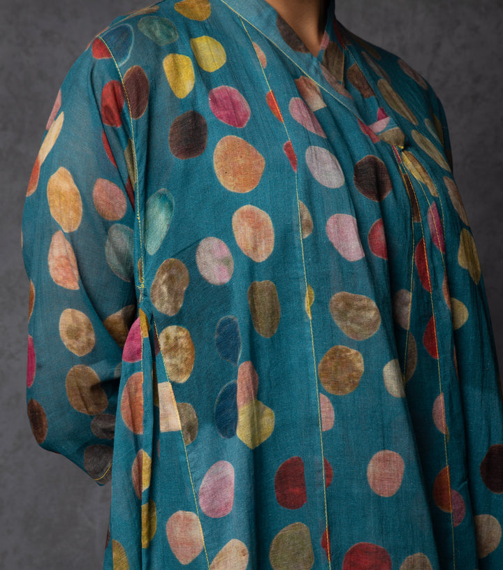 Teal Blue Polka Printed Cotton Choga