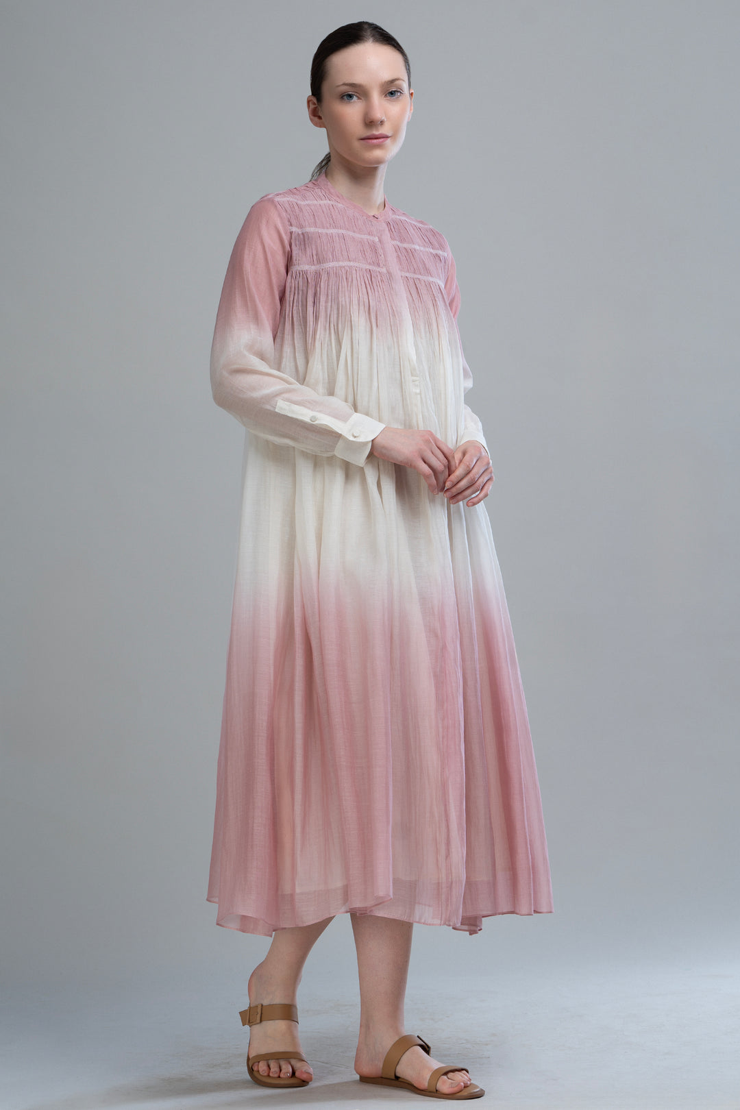Pink & Ivory Ombre Thread Embroidered Cotton Silk Long Dress