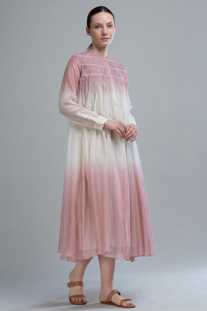 Pink & Ivory Ombre Thread Embroidered Cotton Silk Long Dress