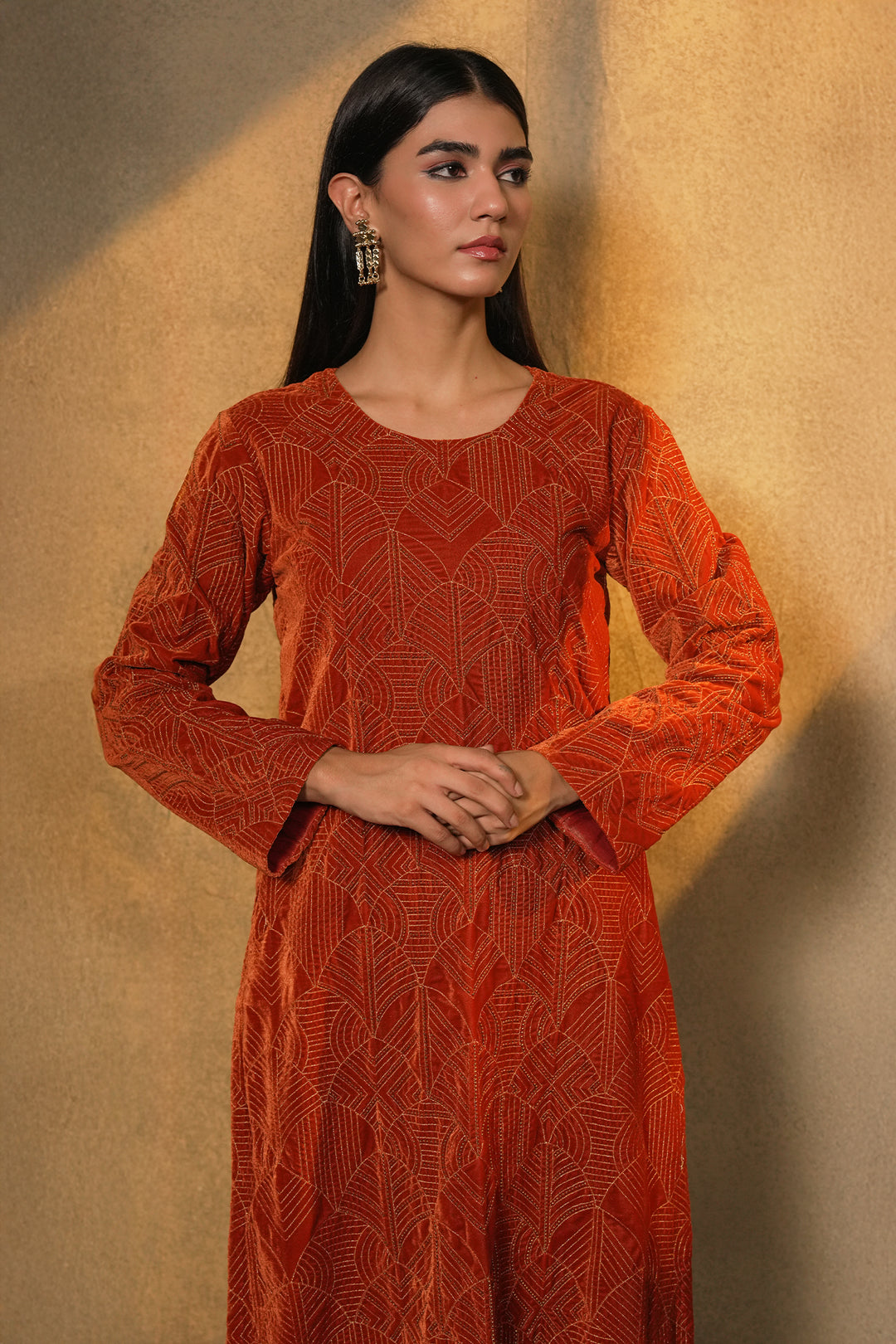 Orange Hand Embroidered Velvet Kurta with Pants and Organza Dupatta