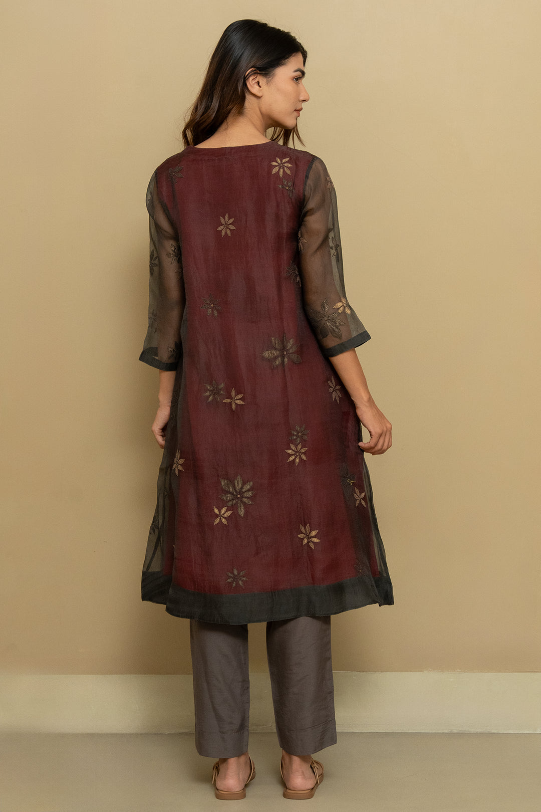 Maroon organza embroidered kurta set