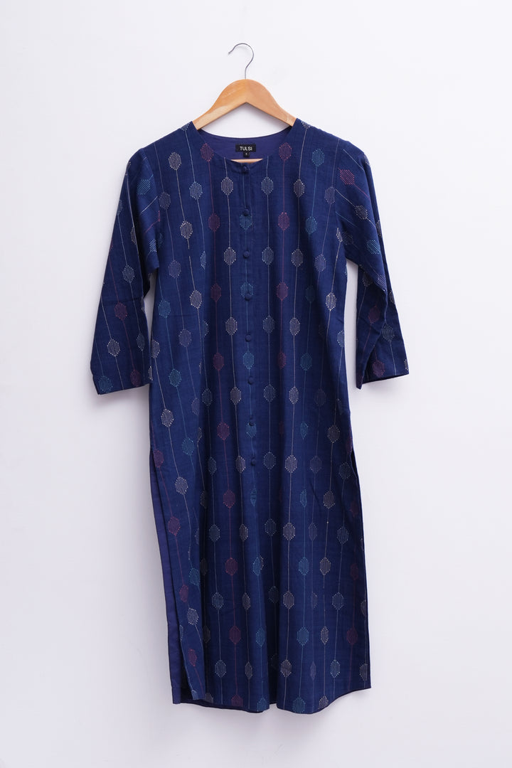 Navy Cotton Linen Embroidered Kurta