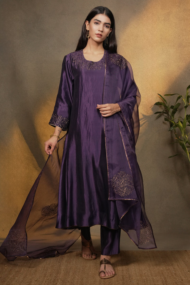 Purple Embroidered Silk Kurta with Pants and Organza Dupatta