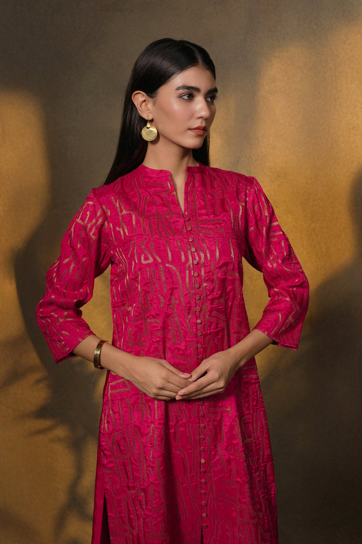 Hot Pink Patch Work Embroidered Silk Kurta with Pants