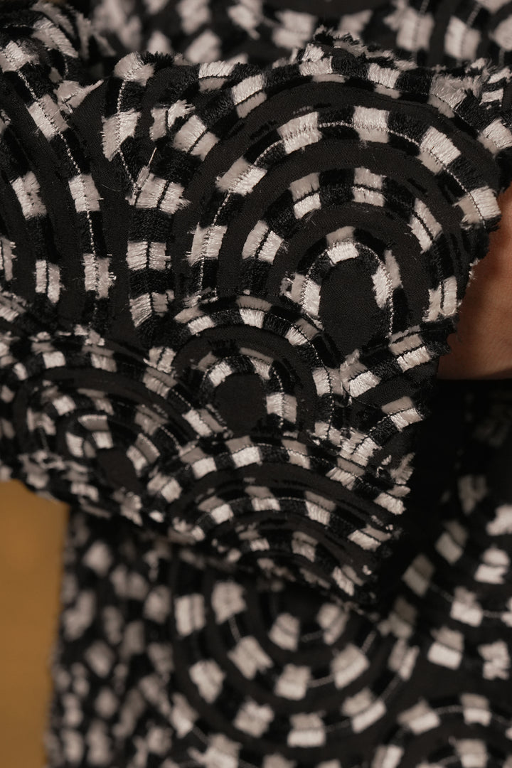 Black Dress with Patch Embroidered Cotton Silk Jacket